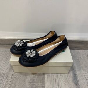 Kids Glamour Navy Flats with Crystal Floral Accent